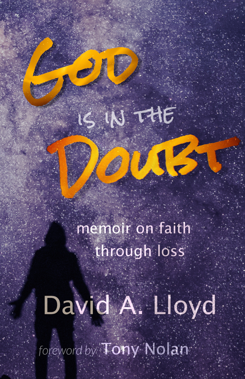 Cover of God Is In the Doubt: a silhouette standing under a violet starfield.